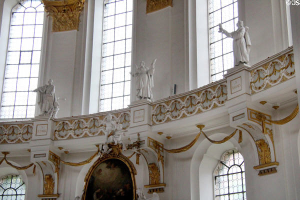 Balcony with Apostle statues in abbey church at Kloster Wiblingen. Ulm, Germany.