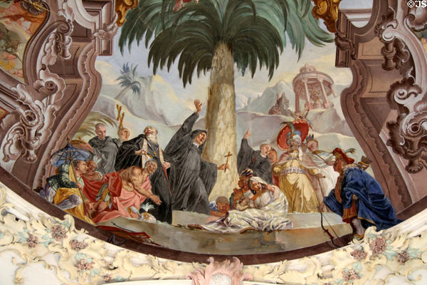 Detail of ceiling fresco depicting Benedictines proselytizing foreign peoples in library of Kloster Wiblingen. Ulm, Germany.