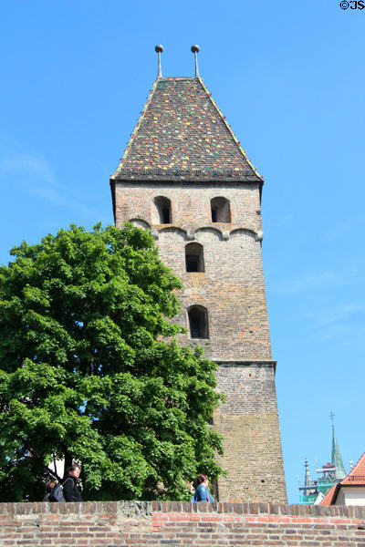 Metzgerturm city gate (Butcher gate) (mid-14thC) through city fortifications. Ulm, Germany.