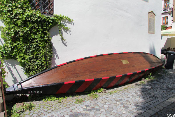 Traditional Ulmer boat on display near Blau River. Ulm, Germany.