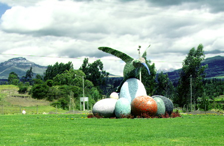 Giant hummingbird sculpture guards it's nest south of Quito at the start of the road of the volcanoes. Ecuador.