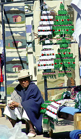 Various crafts on display at the Otavalo market. Ecuador.