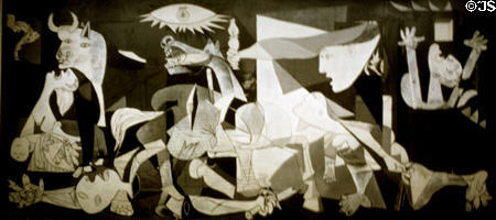 Guernica (1937) painting by Pablo Picasso about Nazi German bombing of Guernica, Spain (April 26, 1937) during Spanish Civil War formerly in MoMA now in Museo Reina Sofia. Madrid, Spain.