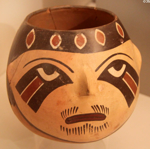 Nazca culture ceramic global vessel face with eye in the shape of a bird's head (100-700) from Peru at Museum of America. Madrid, Spain.