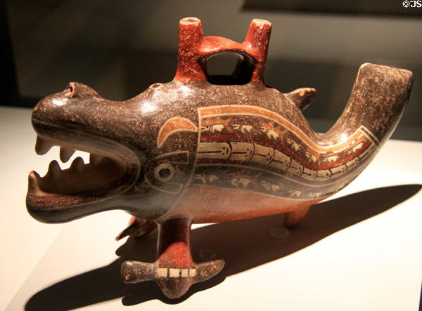 Nazca culture ceramic vessel in shape of toothed marine monster (100-700) from Peru at Museum of America. Madrid, Spain.