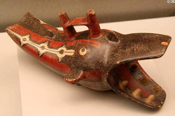 Nazca culture ceramic vessel in shape of toothed marine monster (100-700) from Peru at Museum of America. Madrid, Spain.