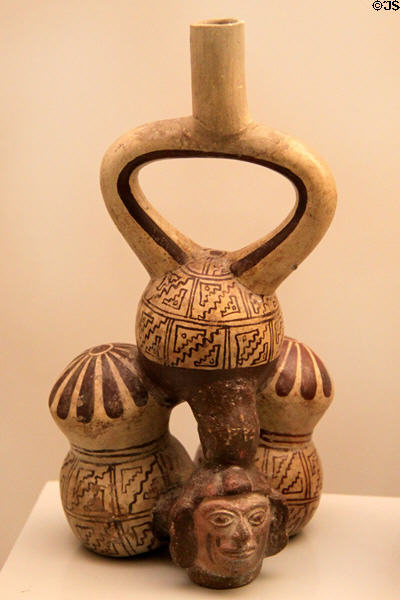 Moche ceramic stirrup-spout bottle with unusual inverted construction (100-700) from Peru at Museum of America. Madrid, Spain.