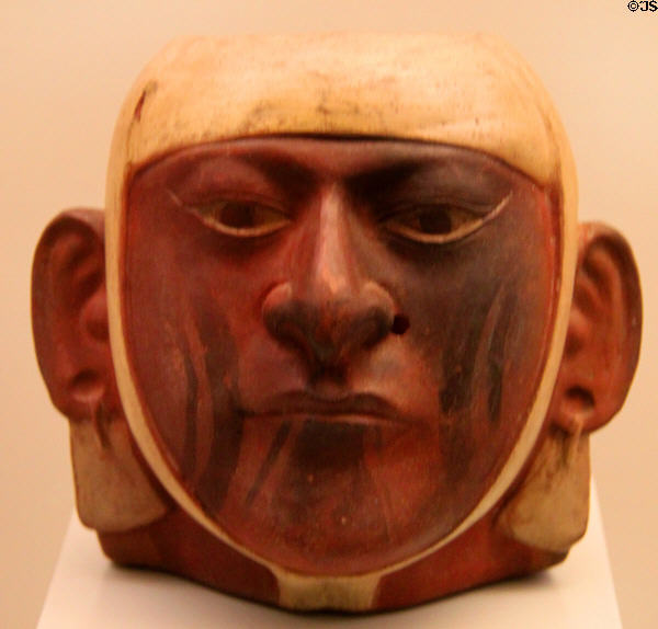 Moche ceramic vessel portrait head with face painting (100-700) from Peru at Museum of America. Madrid, Spain.