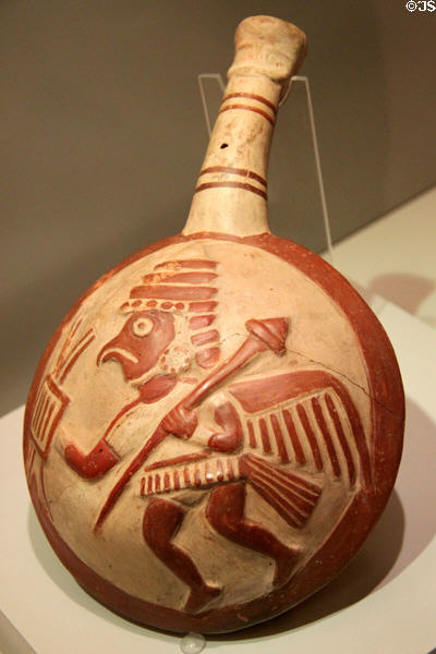 Moche ceramic corn toaster (canchero) with the relief of warrior (100-700) from Peru at Museum of America. Madrid, Spain.