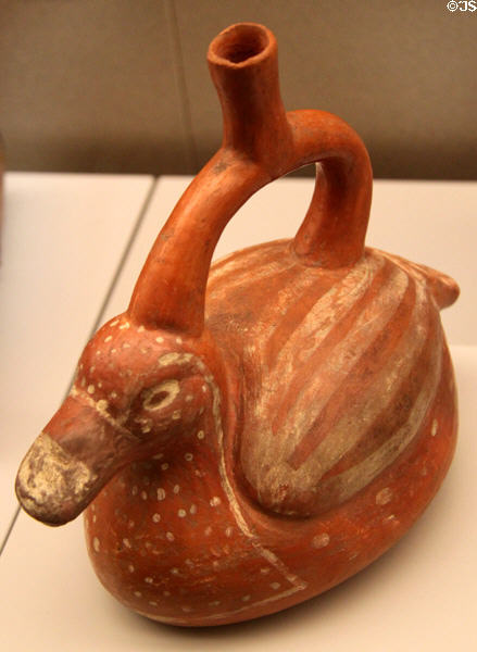 Moche ceramic stirrup-spout bottle in shape of duck (100-750) from Peru at Museum of America. Madrid, Spain.