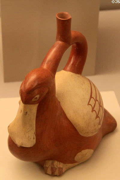 Moche ceramic stirrup-spout bottle in shape of duck (100-700) from Peru at Museum of America. Madrid, Spain.