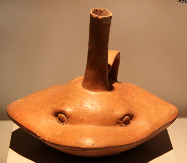 Moche ceramic stirrup-spout bottle in shape of sting ray (100-700) from Peru at Museum of America. Madrid, Spain.
