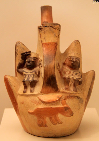 Moche ceramic vessel in shape of mountains & human sacrifice (100-700) from Peru at Museum of America. Madrid, Spain.