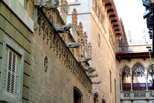 Gothic buildings along Bishop Street (Carrer del Bisbe). Barcelona, Spain.