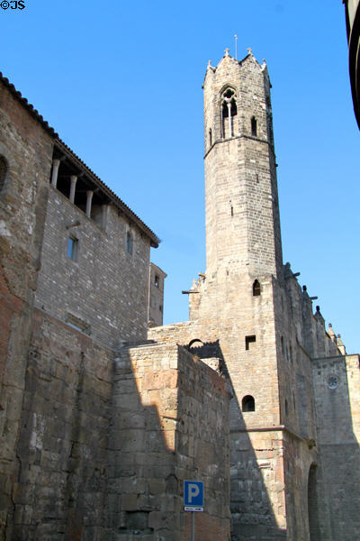 Chapel of St Agatha octagonal bell tower atop Roman Wall. Barcelona, Spain.