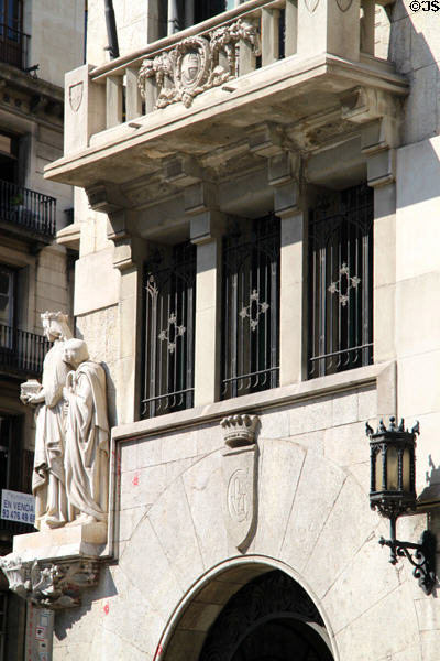 Facade details of Caixa de Pensions (Pension Fund) building (1917). Barcelona, Spain.