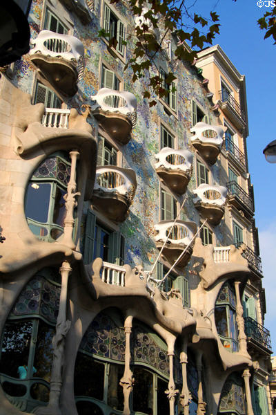 Balconies & window bays project from facade of Gaudi's Casa Batlló. Barcelona, Spain.