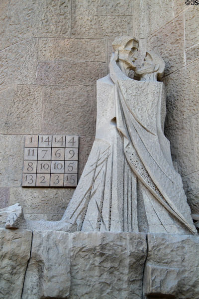 Judas betrays Christ on Passion Facade at Sagrada Familia. Barcelona, Spain.