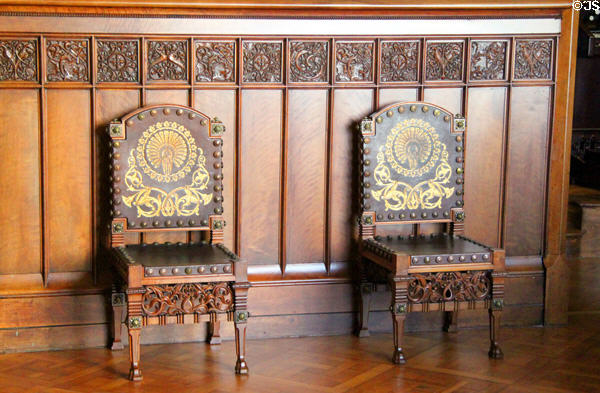 Side chairs with peacock embossing in dining room at Palau Güell. Barcelona, Spain.