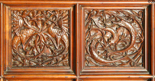 Carved panels in dining room at Palau Güell. Barcelona, Spain.