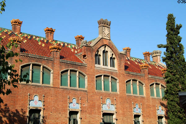 Building with colored tile roof at Hospital de Sant Pau. Barcelona, Spain.