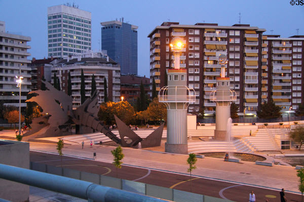 Sculpture & towers of Parc de l'Espanya Industrial beside Sants Railway Station. Barcelona, Spain.