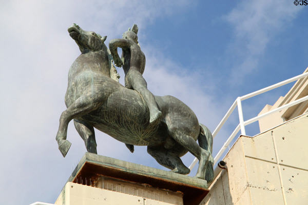 Sculpted equestrian statue in Barcelona Olympic Stadium. Barcelona, Spain.