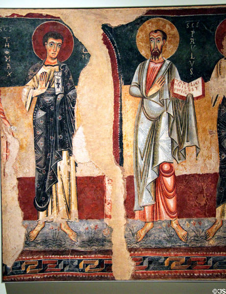 Fresco Apostles Sts. Thomas & Paul from church of Santa Maria del castell d'Orcau (12th C) at Museu Nacional d'Art de Catalunya. Barcelona, Spain.