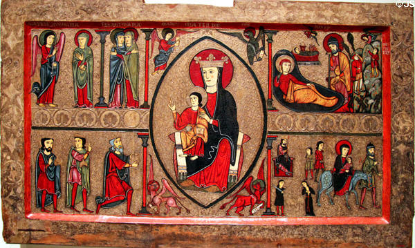 Altar painting (13th C) of life of Virgin Mary from church of Santa Maria de Cardet at Museu Nacional d'Art de Catalunya. Barcelona, Spain.