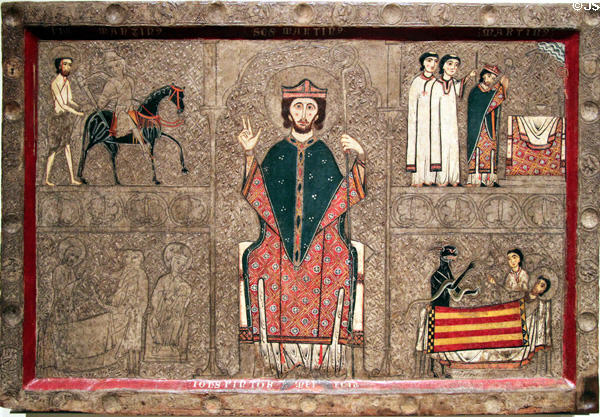 Altar painting (13th C) of life of St. Martin with Catalan flag from church of Sant Martí de Gia o Xia at Museu Nacional d'Art de Catalunya. Barcelona, Spain.