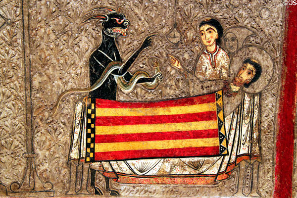 Altar painting (13th C) detail of St. Martin's body under Catalan flag shroud from church of Sant Martí de Gia o Xia at Museu Nacional d'Art de Catalunya. Barcelona, Spain.