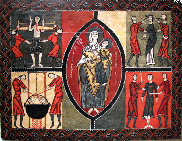 Altar painting (12th C) of tortures of St. Quirc from hermitage of Sant Quirc de Durro at Museu Nacional d'Art de Catalunya. Barcelona, Spain.