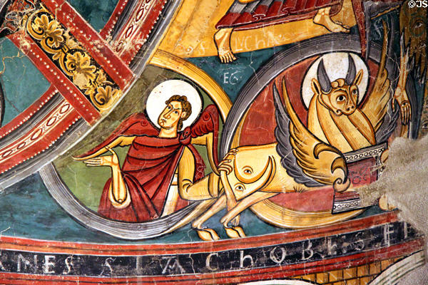 Fresco detail of symbol of Evangelist St. Luke from church of Sant Climent de Taüll (12th C) at Museu Nacional d'Art de Catalunya. Barcelona, Spain.