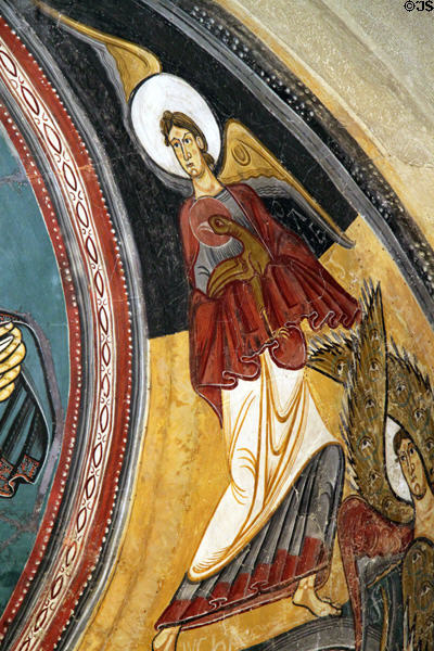 Fresco detail of symbol of Evangelist St. John from church of Sant Climent de Taüll (12th C) at Museu Nacional d'Art de Catalunya. Barcelona, Spain.