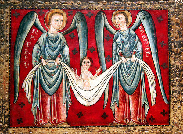 Altar painting (13th C) detail of Archangels Rafael & Gabriel from church of Catalunya at Museu Nacional d'Art de Catalunya. Barcelona, Spain.