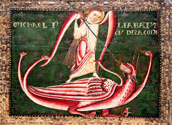 Altar painting (13th C) detail of Archangel Michael slaying dragon from church of Catalunya at Museu Nacional d'Art de Catalunya. Barcelona, Spain.