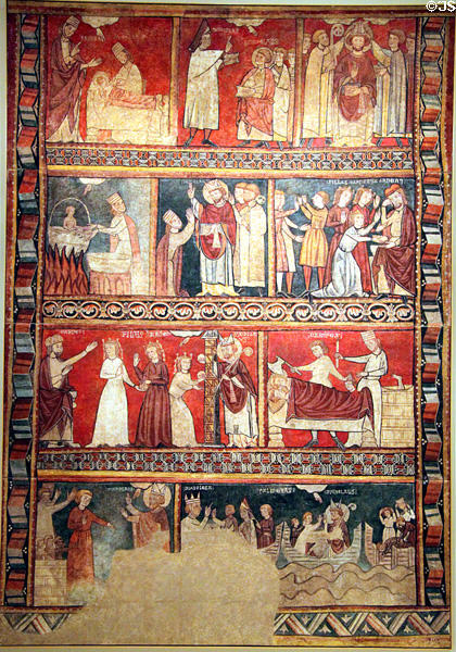Scenes from life of St. Nicholas fresco (13th C) by Second Master of Bierge at Museu Nacional d'Art de Catalunya. Barcelona, Spain.