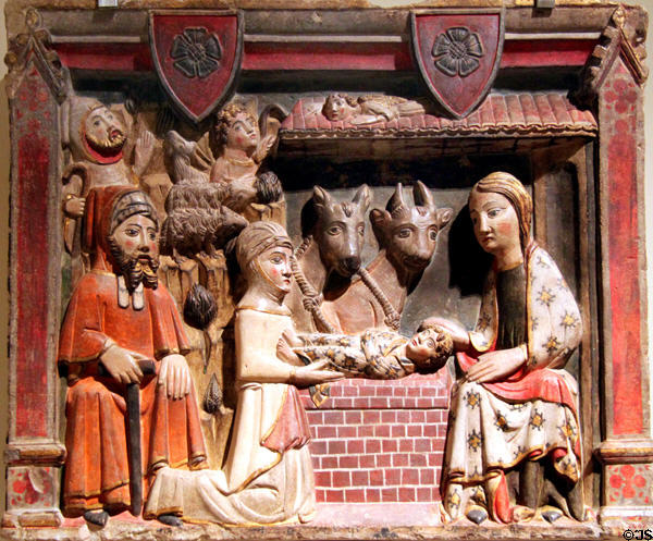 Carved nativity scene (14th C) by Master of Albessa at Museu Nacional d'Art de Catalunya. Barcelona, Spain.