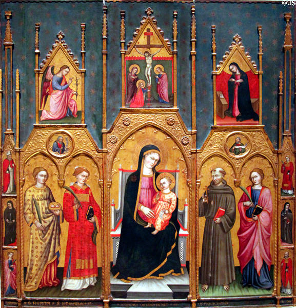 Altarpiece of Mary with Sts. Agatha, Steven & Francis (15th C) by Giovanni di Pietro da Pisa at Museu Nacional d'Art de Catalunya. Barcelona, Spain.