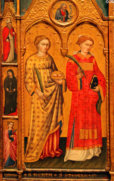 Altarpiece detail of St. Agatha & St. Steven (15th C) by Giovanni di Pietro da Pisa at Museu Nacional d'Art de Catalunya. Barcelona, Spain.