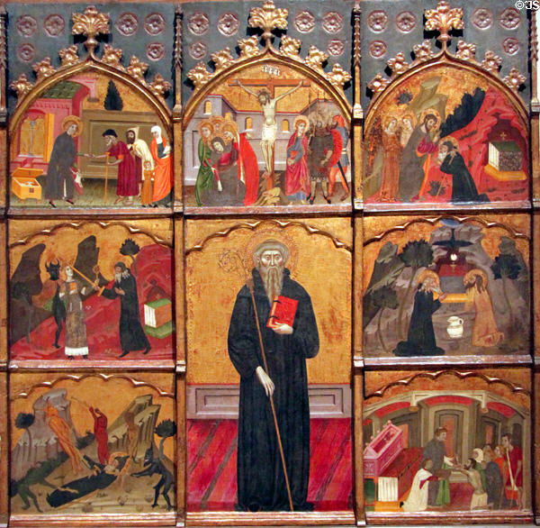 Scenes from life of St. Anthony Abbot painting (c1360-75) by Master of Rubió at Museu Nacional d'Art de Catalunya. Barcelona, Spain.