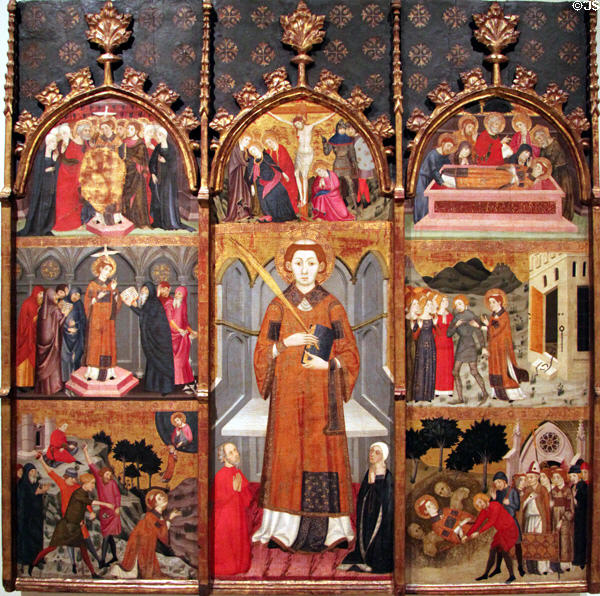 Scenes from life of St. Steven painting (c1385) by Jaume Serra at Museu Nacional d'Art de Catalunya. Barcelona, Spain.