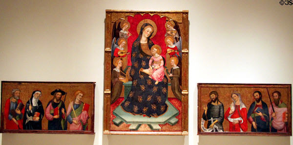 Altarpiece of Mary & Christ surrounded by angel musicians & 8 saints (c1385) by Pere Serra at Museu Nacional d'Art de Catalunya. Barcelona, Spain.