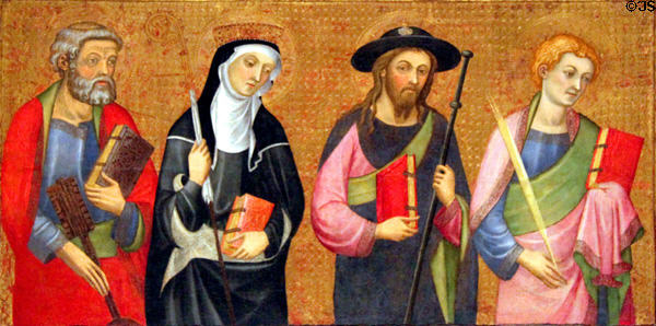 Altarpiece panel of Saints Peter, Clara, James the Major & John the Evangelist (c1385) by Pere Serra at Museu Nacional d'Art de Catalunya at Museu. Barcelona, Spain.