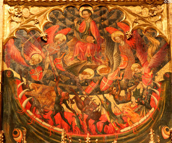 Detail of angels fighting devils on Altarpiece of Sts. Michael & Peter (c1432) by Bernat Despuig & Jaume Cirera at Museu Nacional d'Art de Catalunya. Barcelona, Spain.