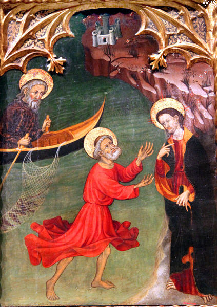 Detail of calling of St. Peter (Simon) & Andrew on Altarpiece of Sts. Michael & Peter (c1432) by Bernat Despuig & Jaume Cirera at Museu Nacional d'Art de Catalunya. Barcelona, Spain.