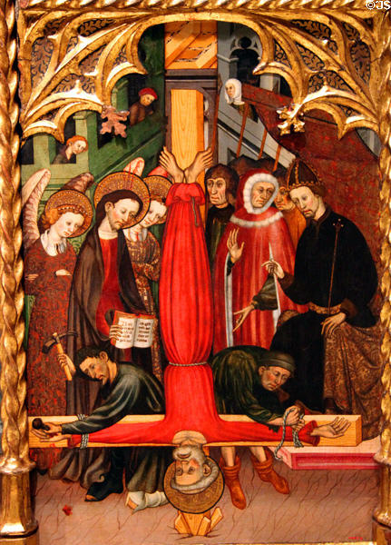 Detail of inverted crucifixion of St. Peter on Altarpiece of Sts. Michael & Peter (c1432) by Bernat Despuig & Jaume Cirera at Museu Nacional d'Art de Catalunya. Barcelona, Spain.