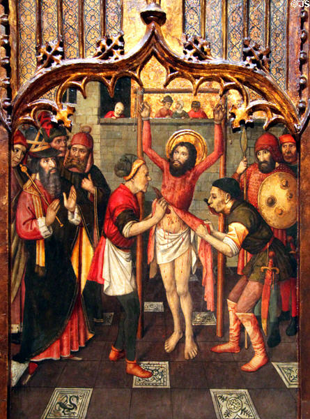 Martyrdom of Apostle St. Bartolommeo flayed alive painting (c1465-80) by Huguet at Museu Nacional d'Art de Catalunya. Barcelona, Spain.