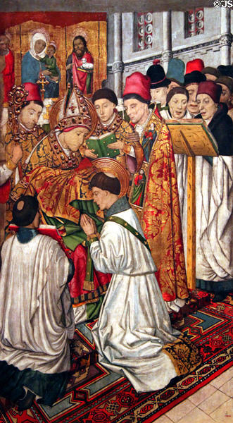 St. Vicenç ordained by St. Valeri detail on altarpiece of St. Vicenç painting (c1455-60) by Jaume Huguet at Museu Nacional d'Art de Catalunya. Barcelona, Spain.