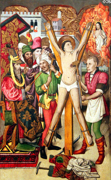 St. Vicenç on the cross detail on altarpiece of St. Vicenç painting (c1455-60) by Jaume Huguet at Museu Nacional d'Art de Catalunya. Barcelona, Spain.